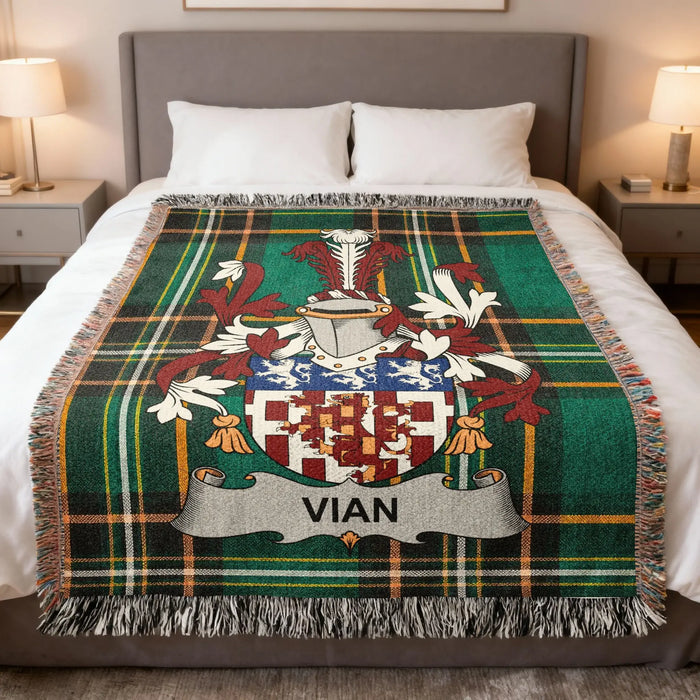 Vian Irish family crest woven blanket displayed on a bed.