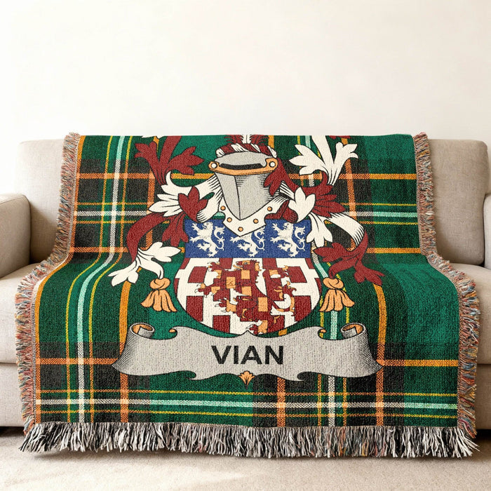 Vian family crest on an Irish National Tartan woven cotton throw.