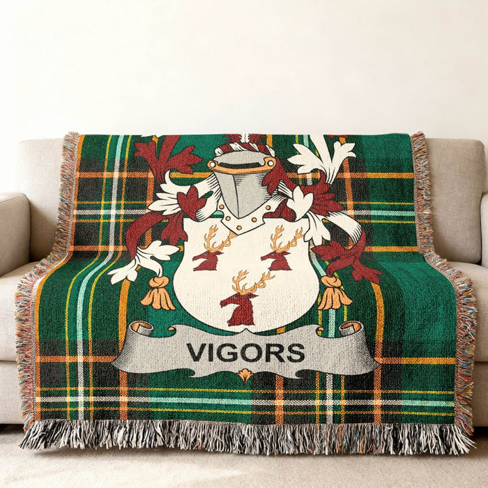 Vigors family crest on an Irish National Tartan woven cotton throw.