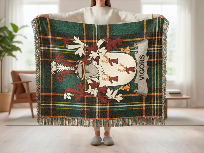 Vigors family crest tartan woven blanket shown at full scale.