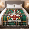 Villiers Irish family crest woven blanket displayed on a bed.