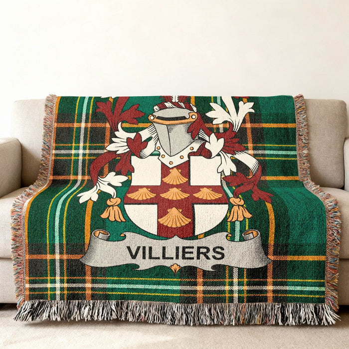 Villiers family crest on an Irish National Tartan woven cotton throw.