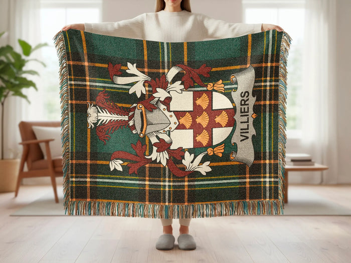 Villiers family crest tartan woven blanket shown at full scale.