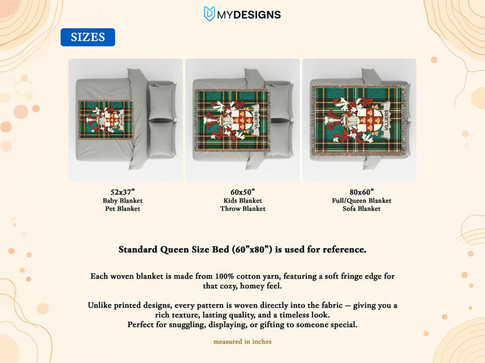 Villiers woven cotton blanket size guide for three available sizes.