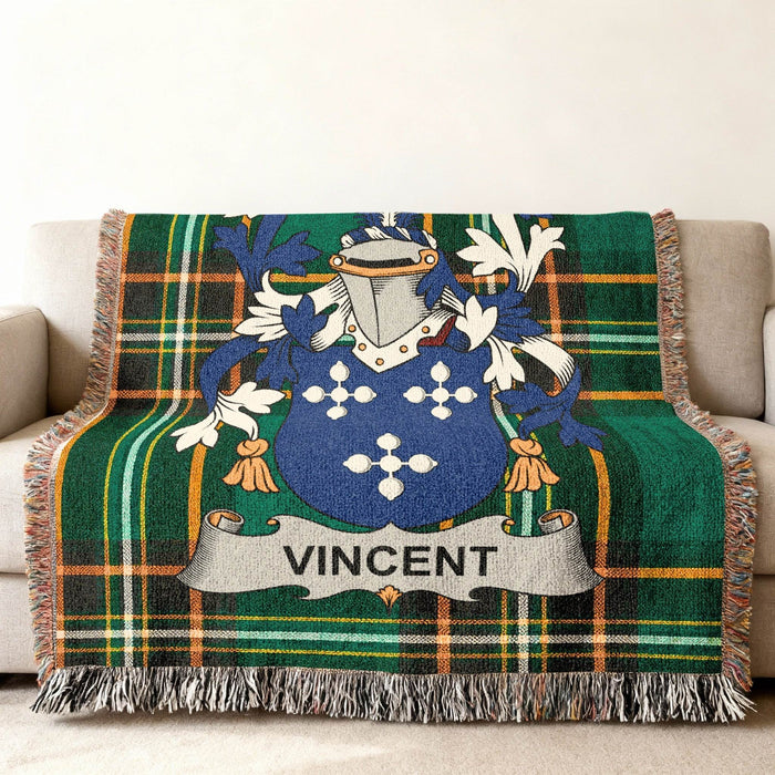Vincent family crest on an Irish National Tartan woven cotton throw.