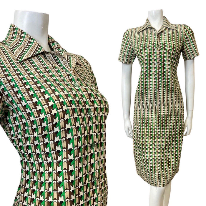 VINTAGE 60s 70s GREEN BROWN WHITE GEOMETRIC OP-ART MOD SHIRT DRESS 8 10