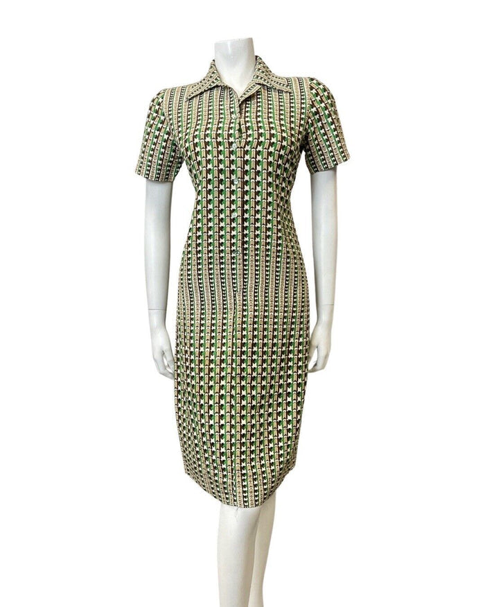 VINTAGE 60s 70s GREEN BROWN WHITE GEOMETRIC OP-ART MOD SHIRT DRESS 8 10