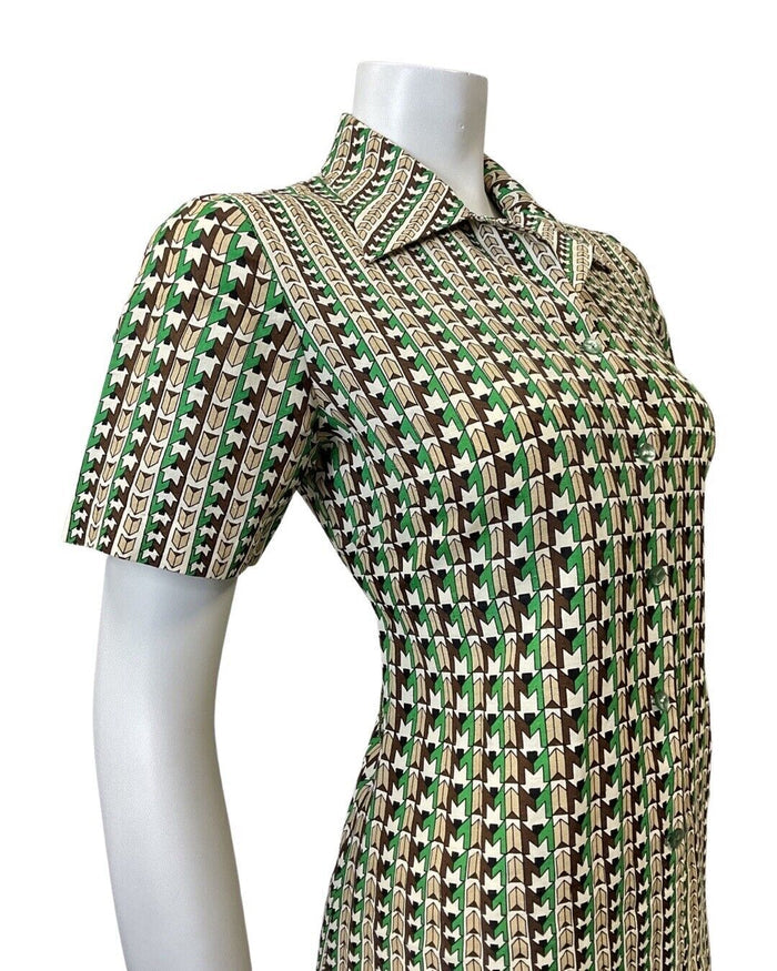 VINTAGE 60s 70s GREEN BROWN WHITE GEOMETRIC OP-ART MOD SHIRT DRESS 8 10