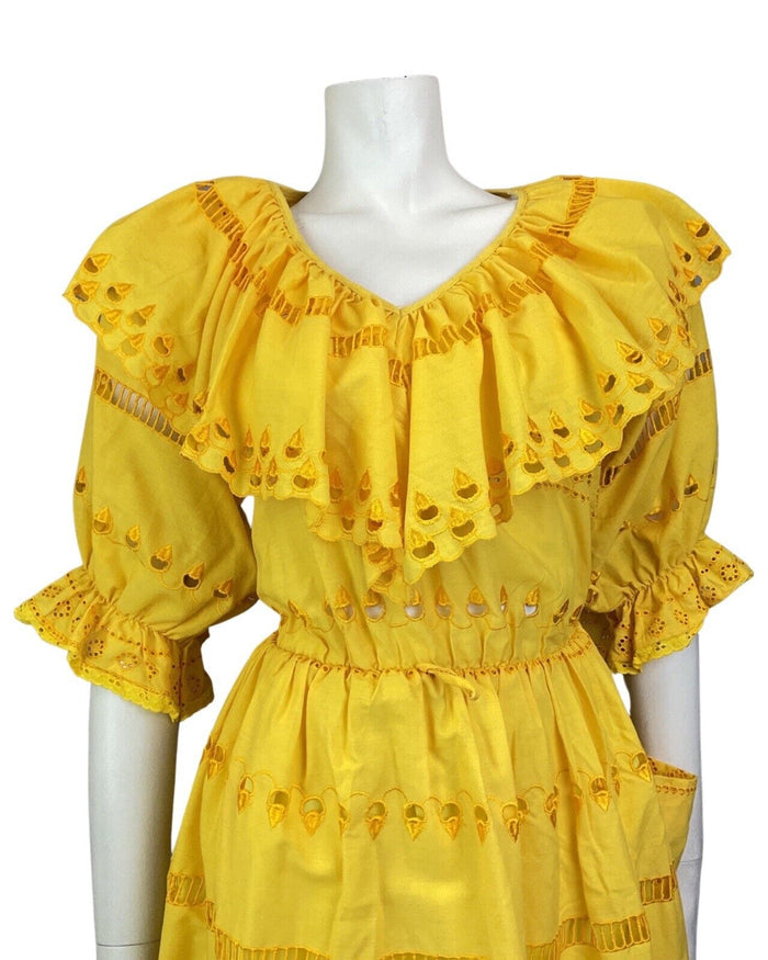 VINTAGE 70s SUNSHINE YELLOW EMBROIDERED CUT-WORK RUFFLED PRAIRIE DRESS 8 10