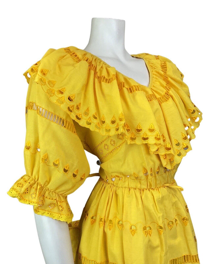 VINTAGE 70s SUNSHINE YELLOW EMBROIDERED CUT-WORK RUFFLED PRAIRIE DRESS 8 10
