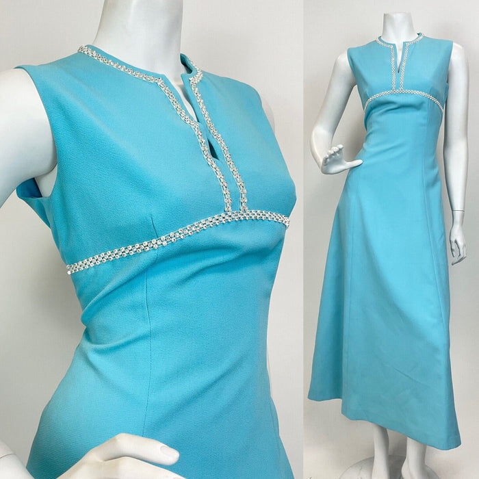 VTG 60s 70s BABY BLUE SILVER DIAMANTE EMPIRE LINE MOD SLEEVELESS MAXI DRESS 10