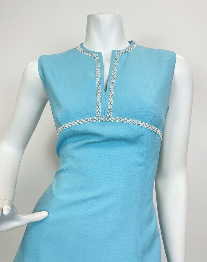 VTG 60s 70s BABY BLUE SILVER DIAMANTE EMPIRE LINE MOD SLEEVELESS MAXI DRESS 10