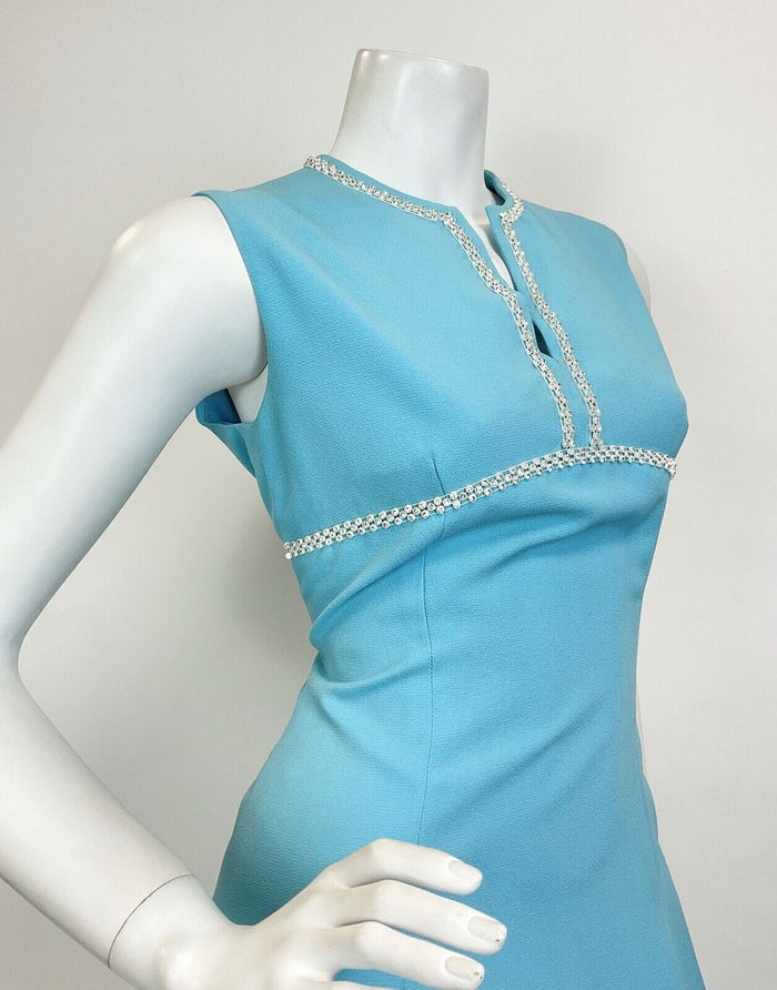 VTG 60s 70s BABY BLUE SILVER DIAMANTE EMPIRE LINE MOD SLEEVELESS MAXI DRESS 10