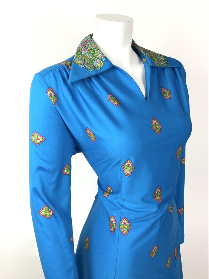 VTG 60s 70s BLUE PINK GREEN FLORAL PAISLEY INDIAN ETHNIC DAGGER COLLAR DRESS 16