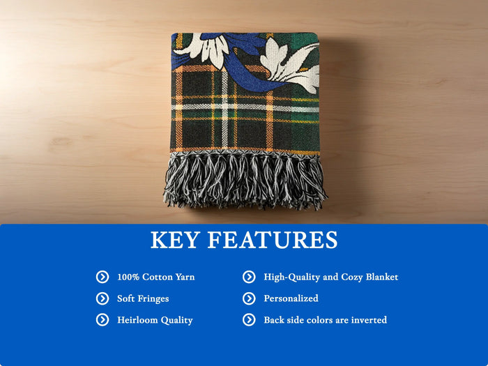 Cotton blanket with fringe, featuring plaid and floral pattern.
