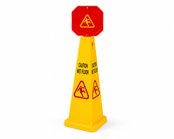 Wet floor sign yellow triangular cone