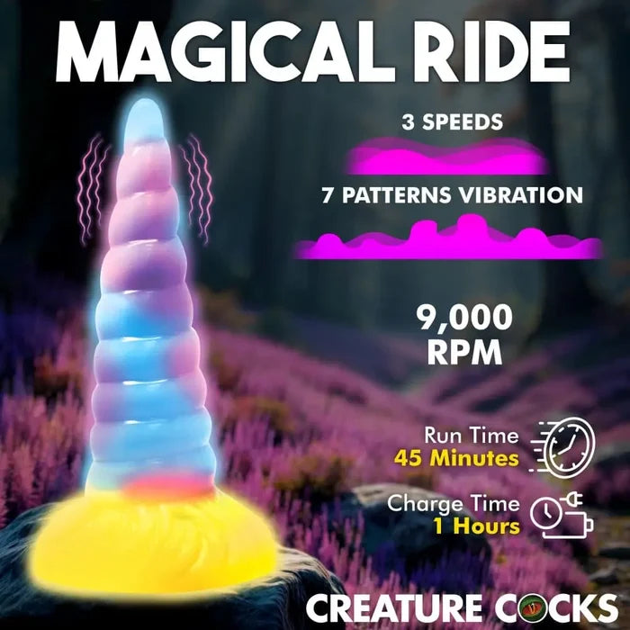 XR Brands® Unicorn Glow-in-the-Dark Vibrating Silicone Dildo - Rolik®
