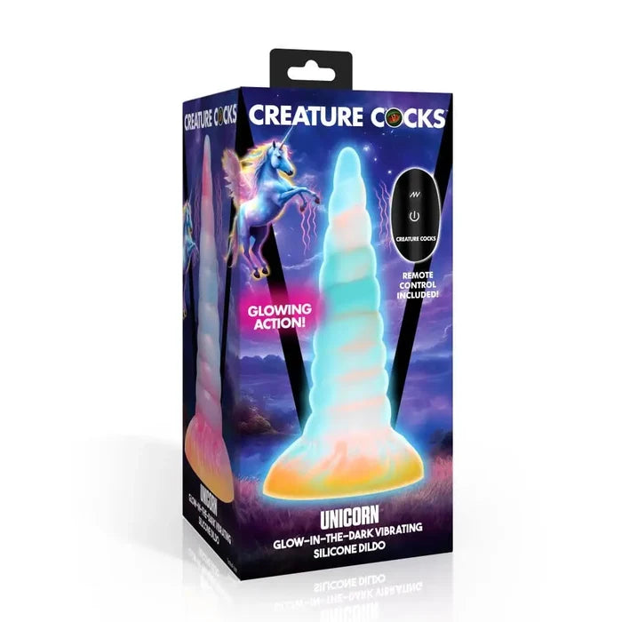 XR Brands® Unicorn Glow-in-the-Dark Vibrating Silicone Dildo - Rolik®