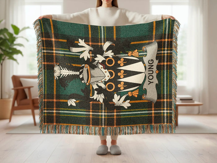 Young family crest tartan woven blanket shown at full scale.