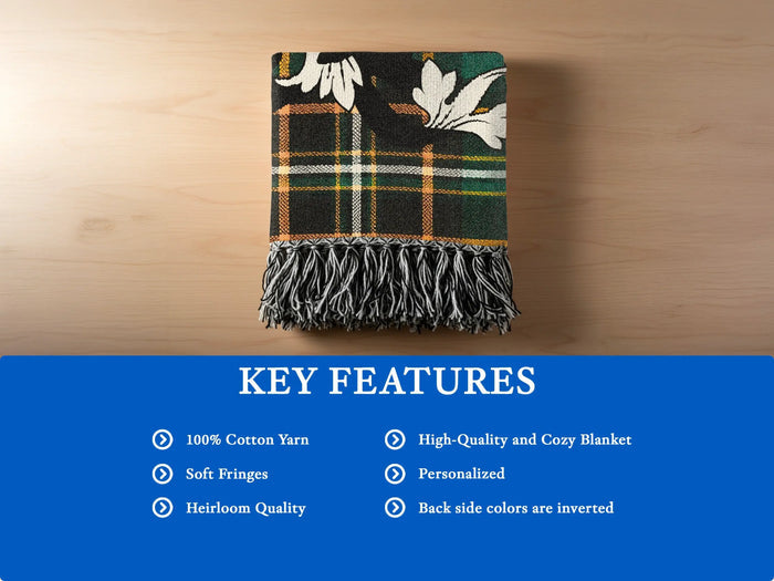 Green and black plaid throw blanket with fringe, featuring text about its key features.